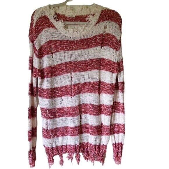 Women's Red and White Striped Distressed Long Sleeve Sweater Medium - Picture 1 of 5
